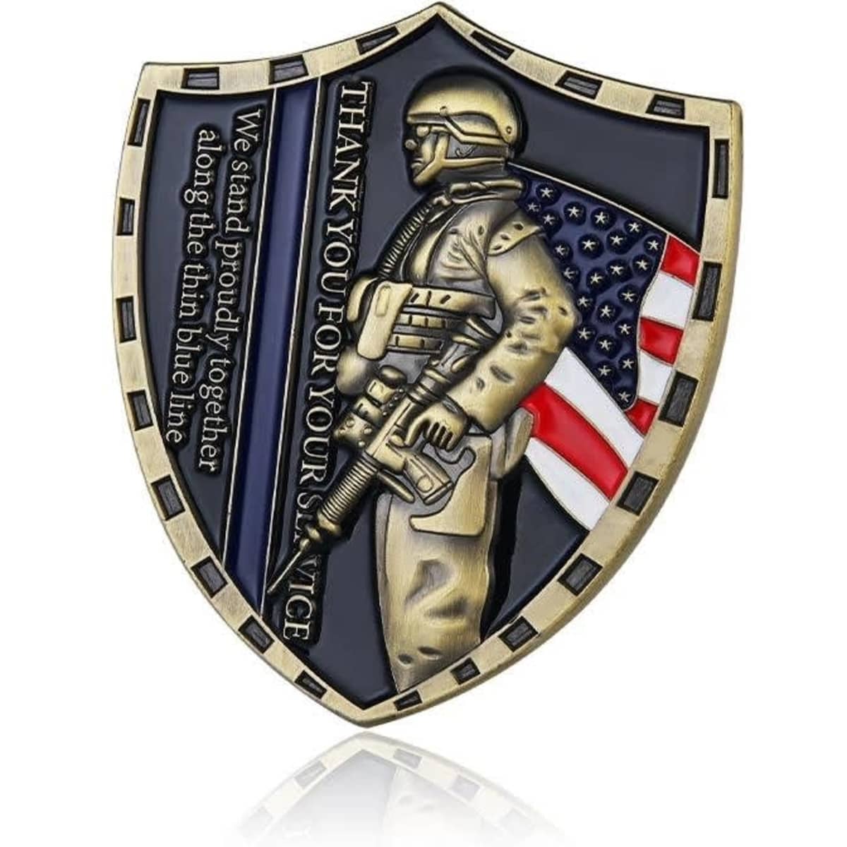 A decorative coin featuring a soldier and an American flag design, in colour with a bronze finish and a shield shape.
