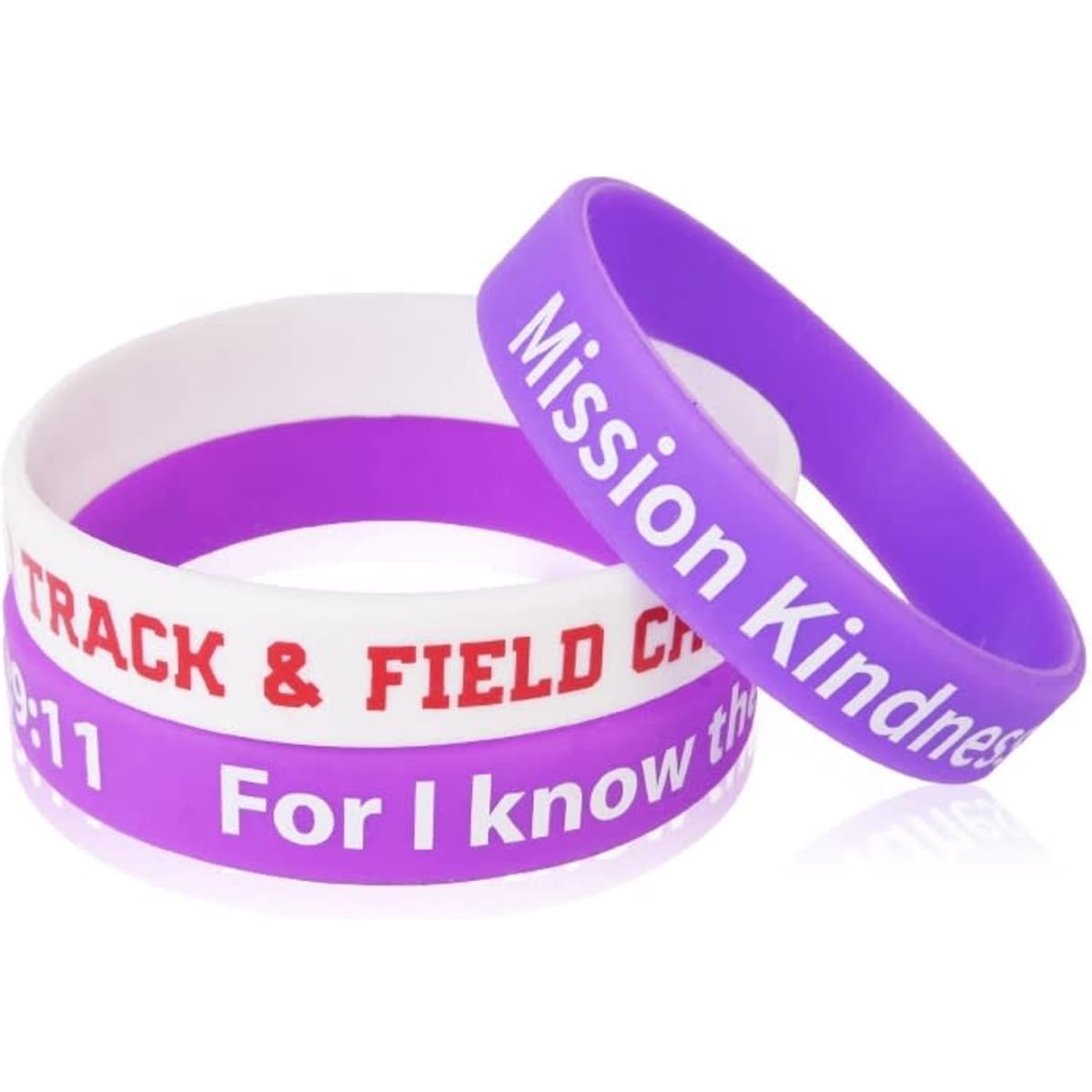 A set of purple and white silicone wristbands with various designs and text, including a logo.