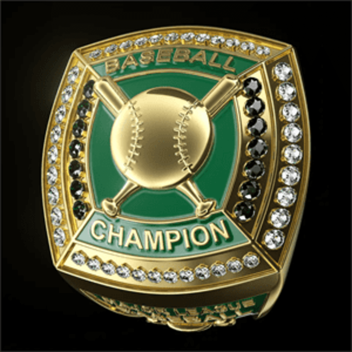 A gold championship ring featuring a green centre with a baseball and bats, adorned with black and clear gems, and a logo.