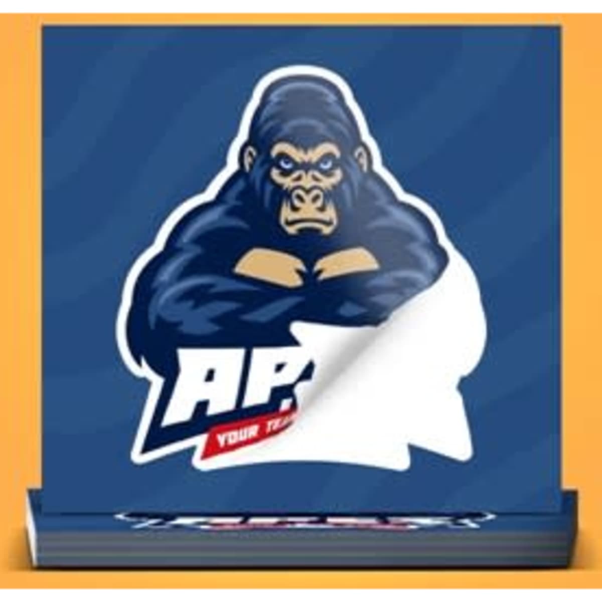 A round sticker featuring a muscular gorilla illustration in blue, with a logo underneath and a vibrant yellow background.