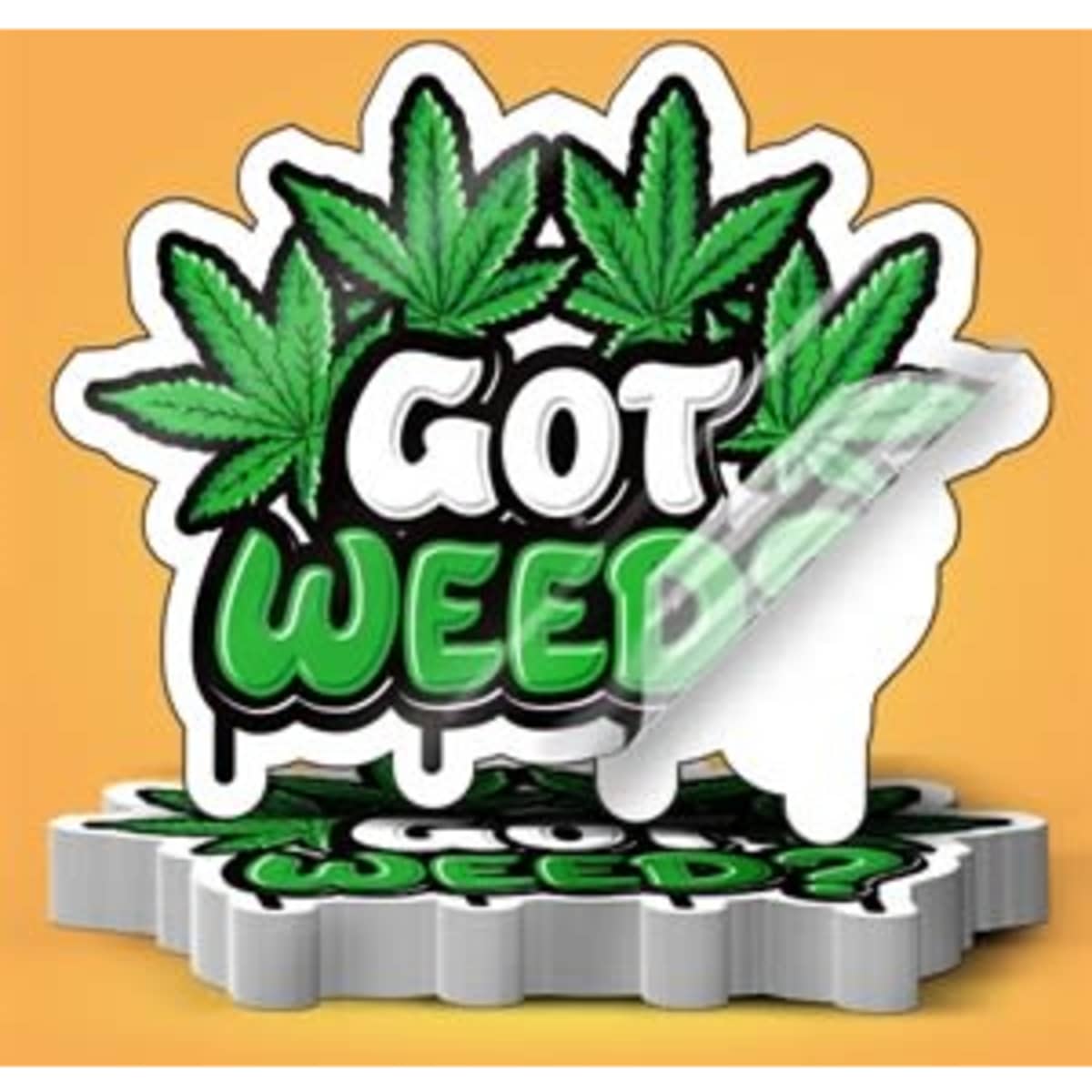 A stack of custom clear stickers featuring green cannabis leaves and bold text. The background is orange.
