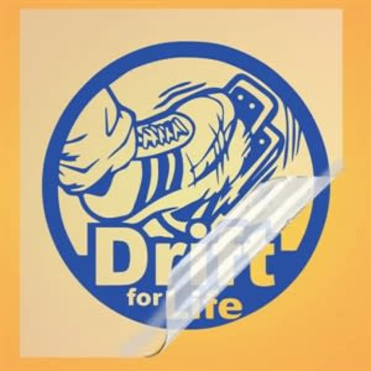 A blue custom transfer sticker featuring a shoe graphic, set against a yellow background.