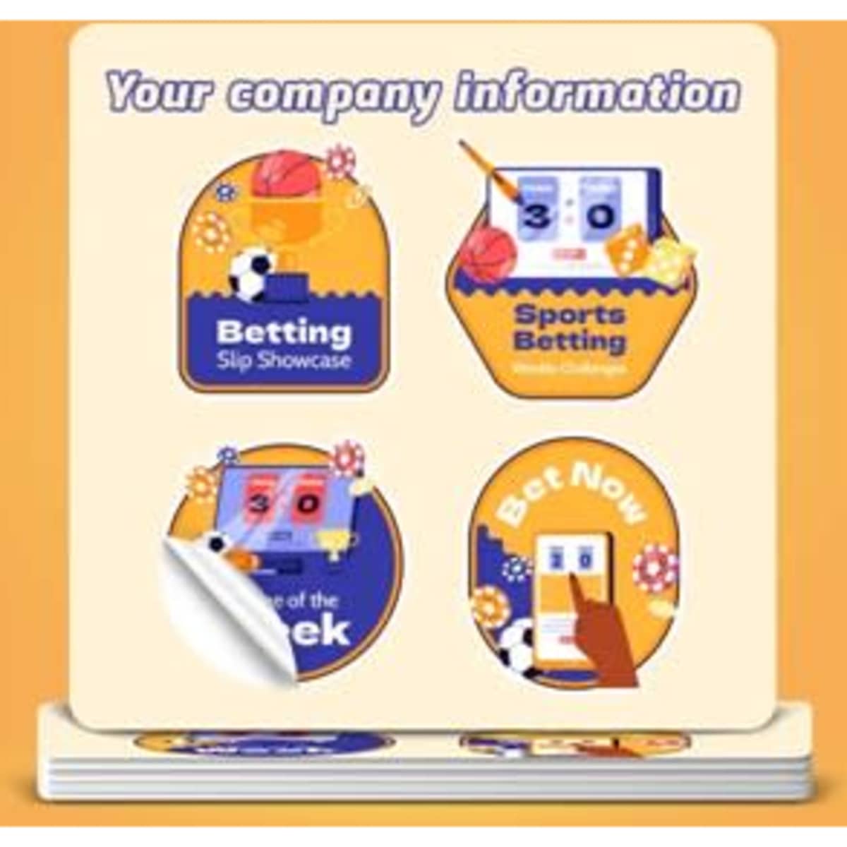 A sheet of stickers featuring vibrant designs in yellow and blue, with various sports-themed graphics and a logo.