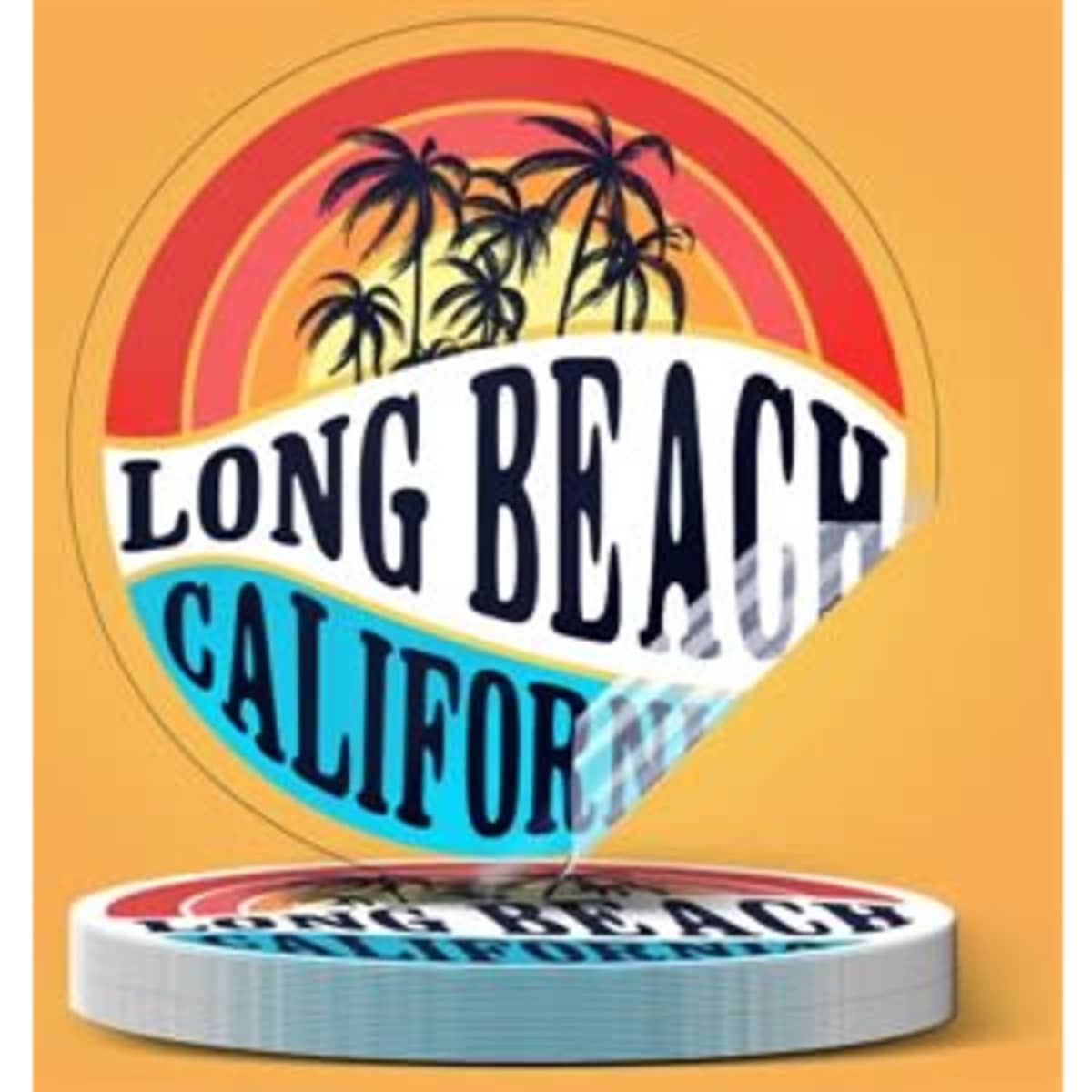 A circular static cling decal featuring palm trees and sun, with vibrant colours of orange, blue, and black.