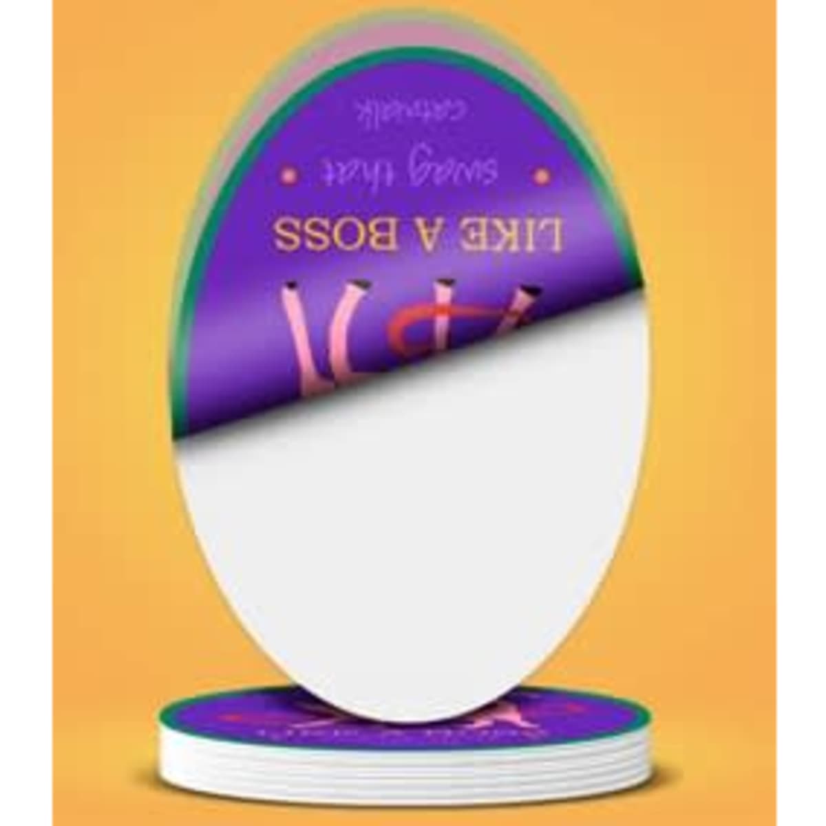 A round, purple and green adhesive sticker with a glossy finish and a peelable backing.