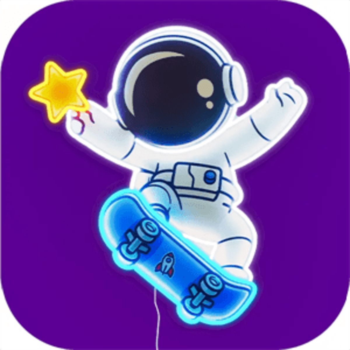 A neon sign featuring a skateboarder astronaut holding a star, illuminated in blue and yellow against a purple background.