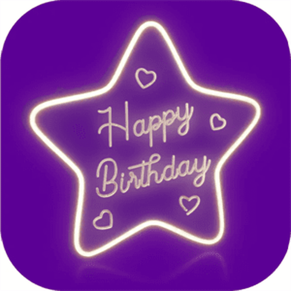 A neon sign shaped like a star, featuring "Happy Birthday" in glowing white text on a purple background.