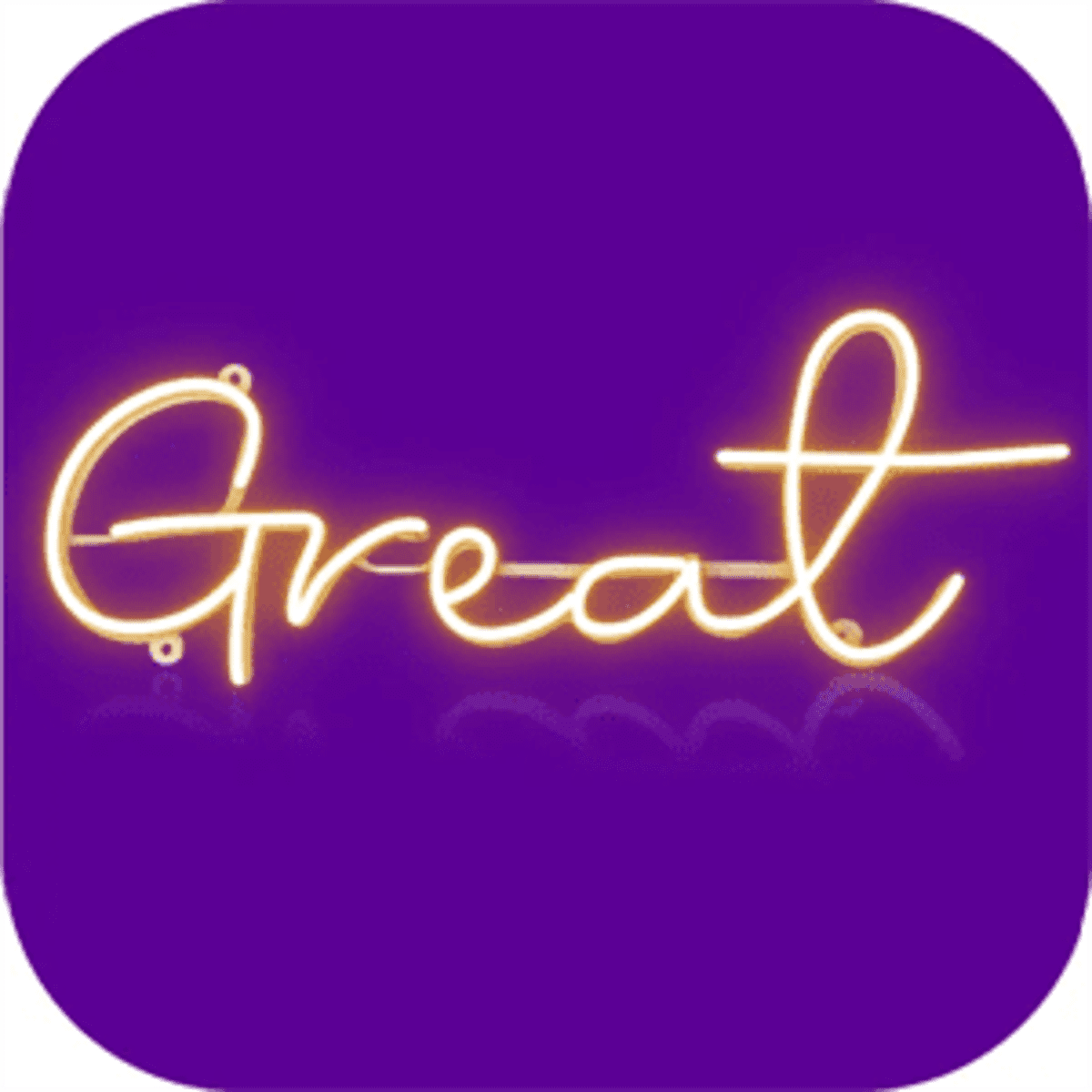 A neon sign displaying the word "Great" in a bright yellow hue against a purple background, featuring a sleek and modern design.