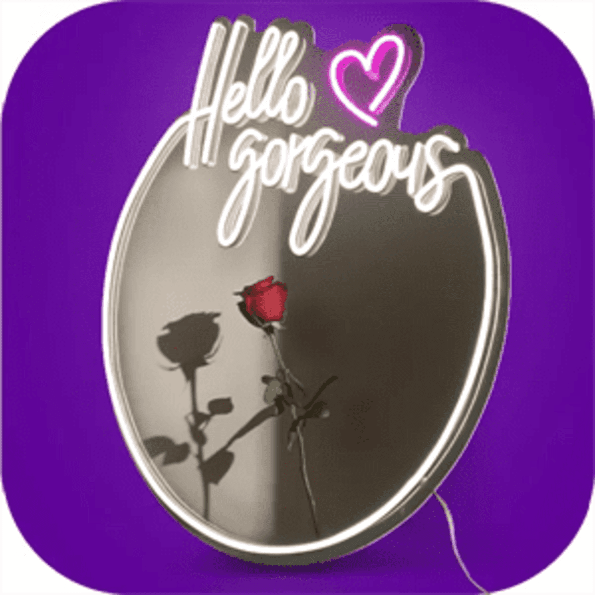 A neon sign in white and pink displaying the words "Hello gorgeous" above a rose reflected in a mirror.