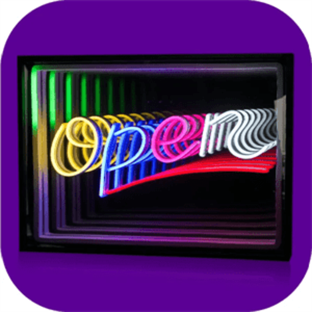 A custom infinity mirror neon sign featuring colourful lettering spelling "Open", set against a dark background.