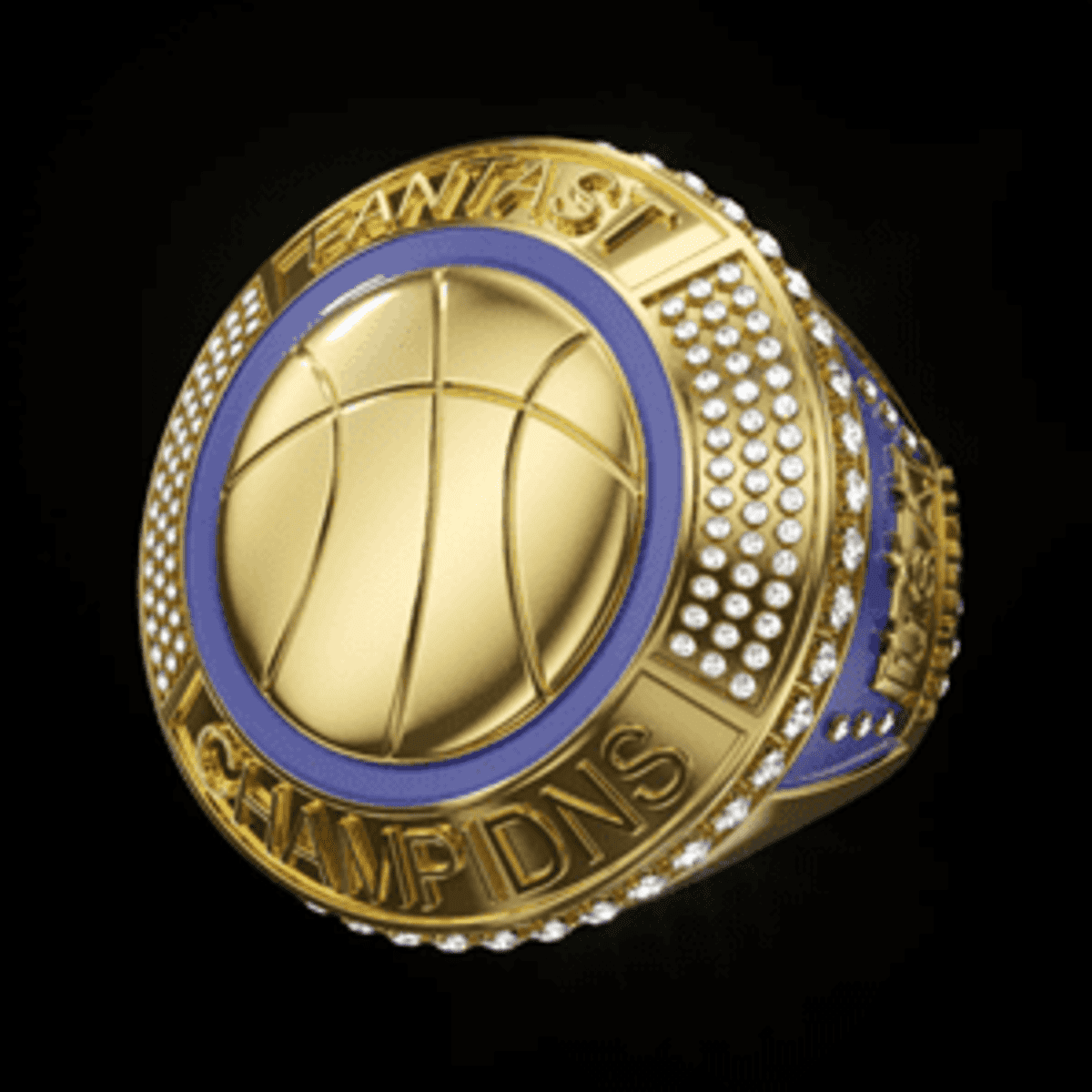 A gold basketball champion ring adorned with blue accents and sparkling gems, featuring a basketball design and logo.