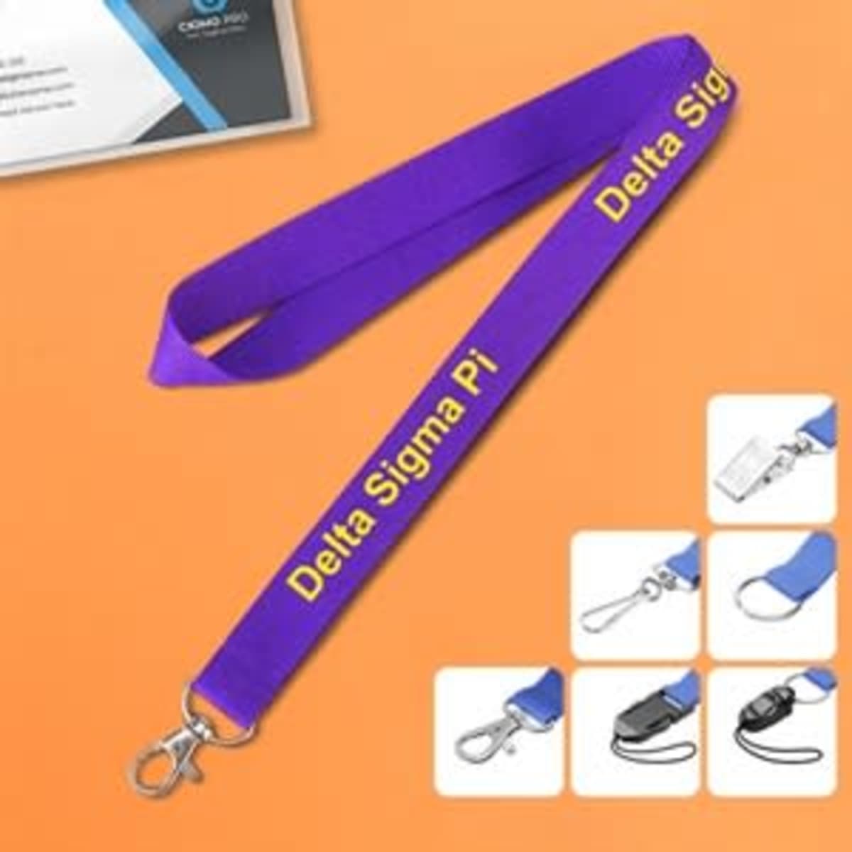 A purple imprinted polyester lanyard with a clip and a branding logo.