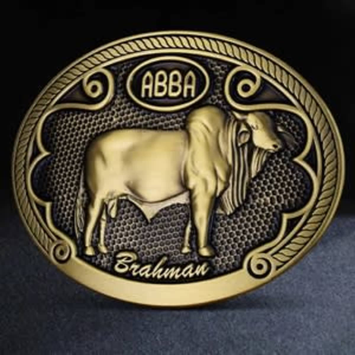 A pewter finish oval belt buckle featuring a detailed cow design and a logo above it.