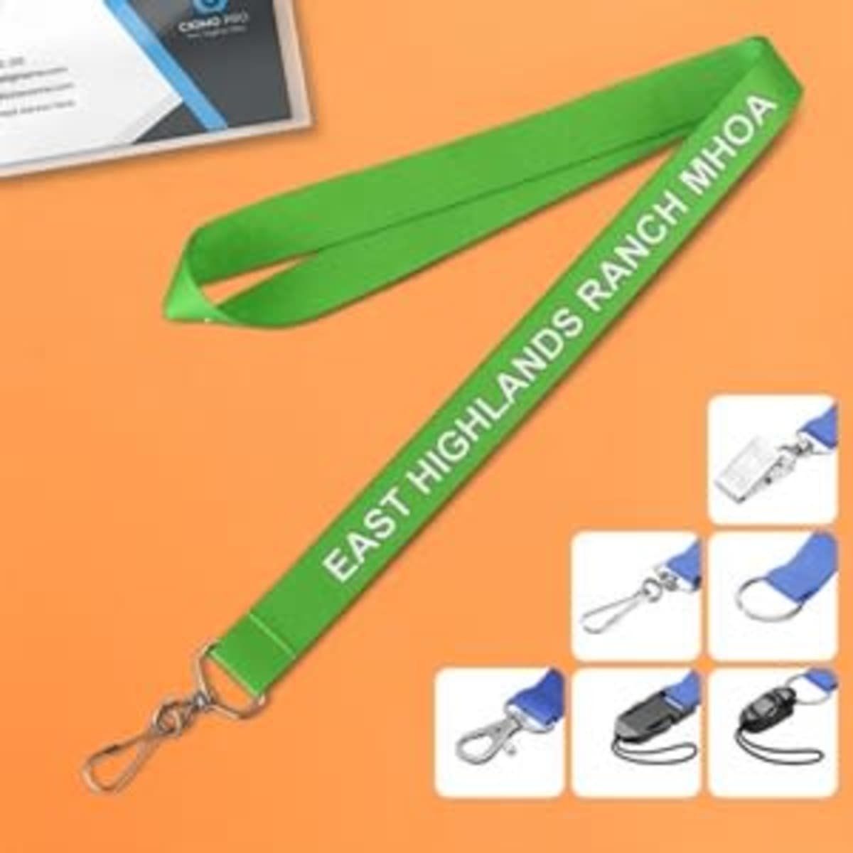 A green imprinted nylon lanyard with a silver clasp and a logo, featuring white text.