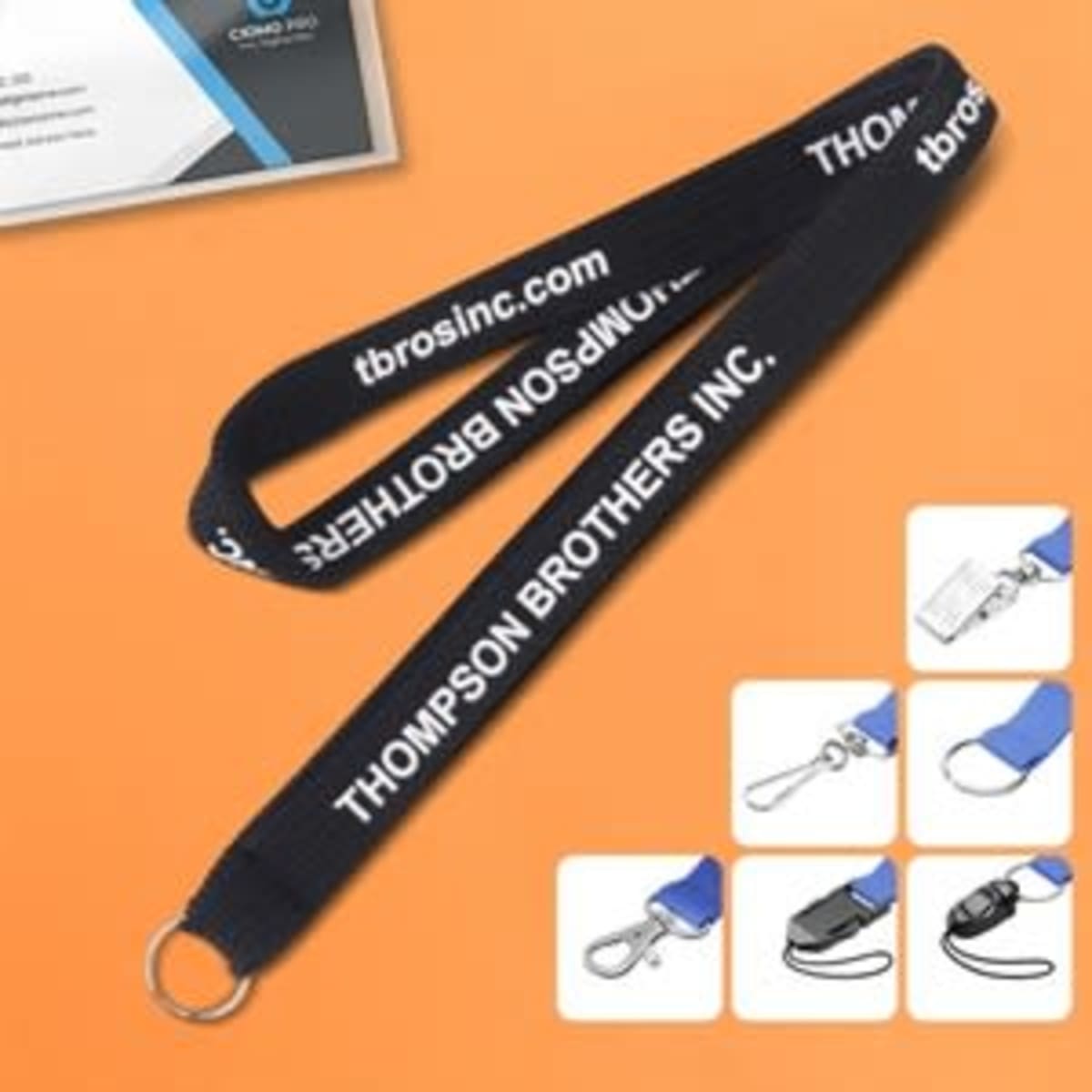 A black imprinted tubular lanyard featuring a logo, with various attachment options displayed below.