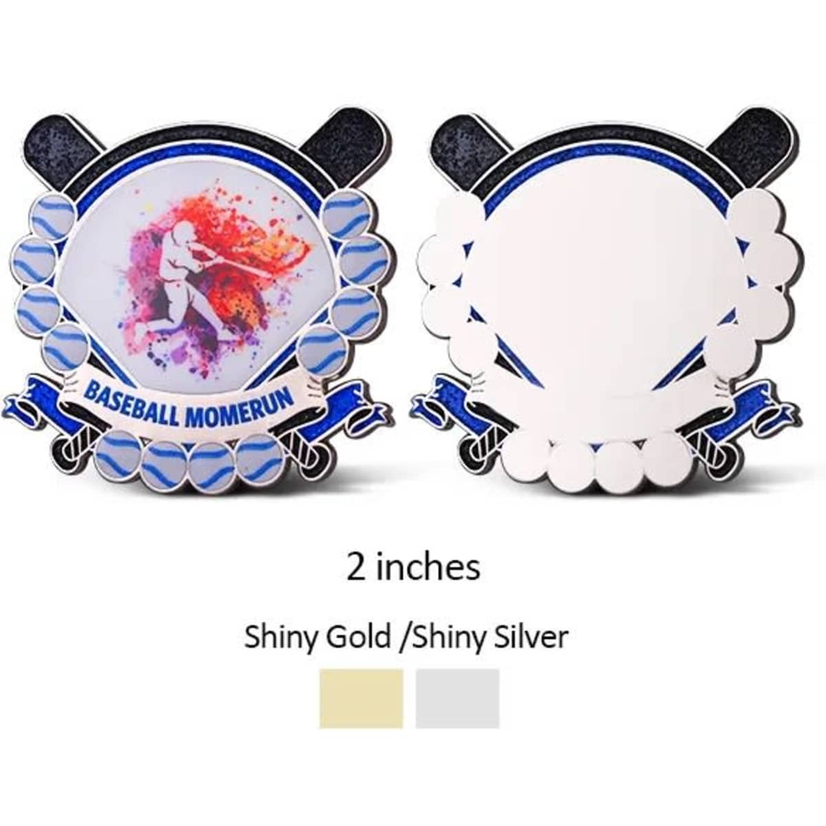 A 2-inch UV printed baseball pin featuring shiny gold and silver accents, with spaces for custom designs and logos.