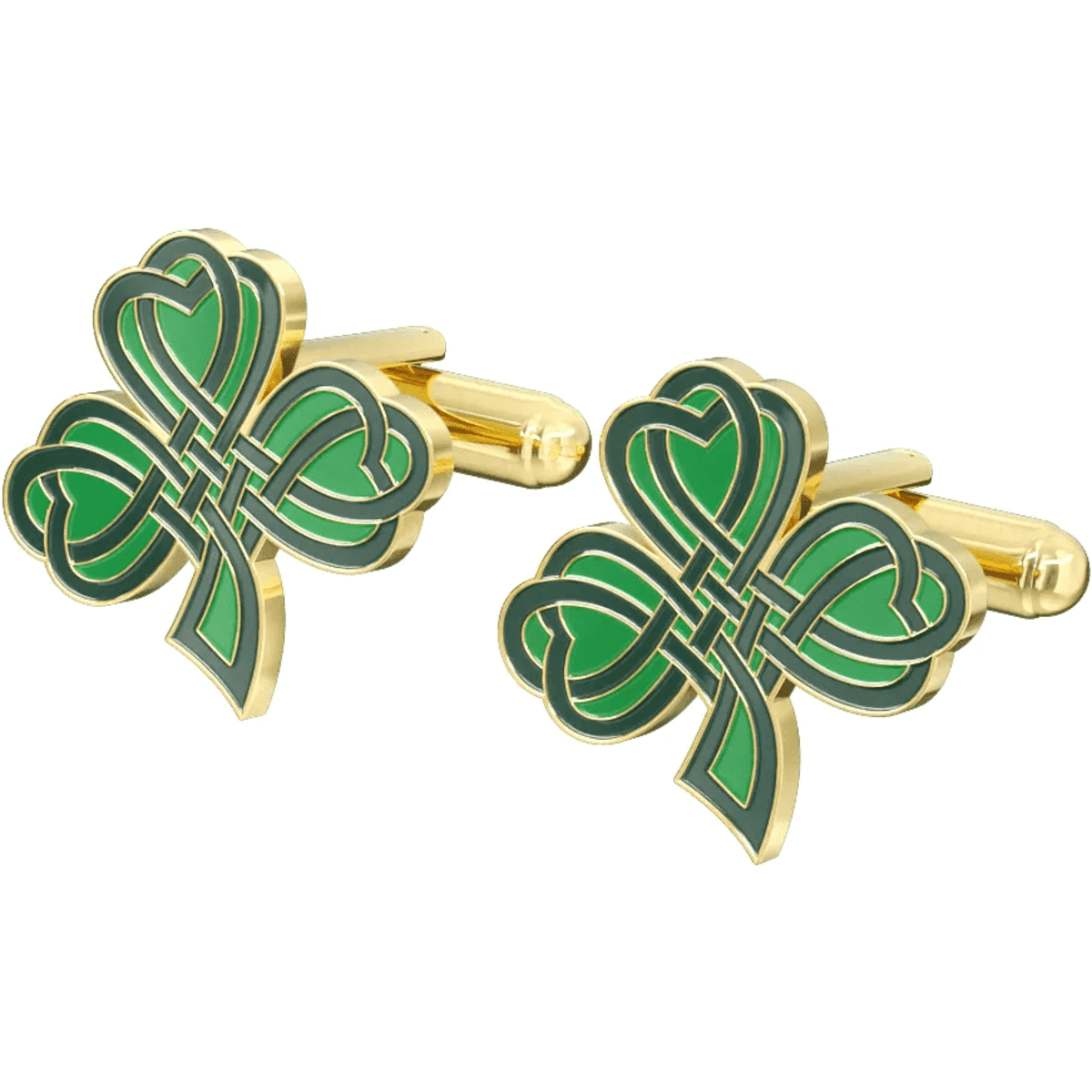 Green custom soft enamel cufflinks with a gold finish in a shamrock design, featuring a logo on the back.