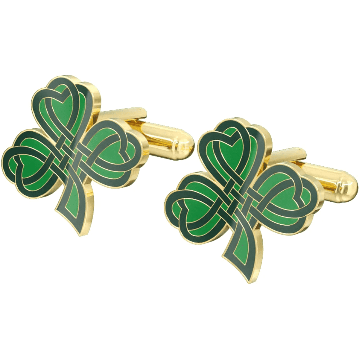 Gold cufflinks featuring a green, heart-shaped, intertwined shamrock design. The product has a logo on each cufflink.