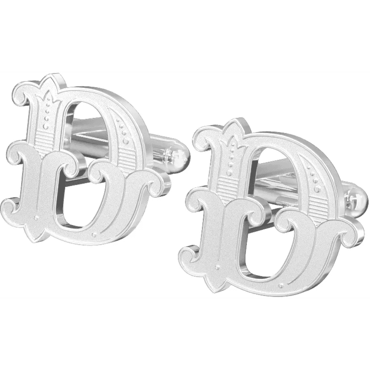 A pair of silver custom cutout cufflinks featuring an ornate letter design.