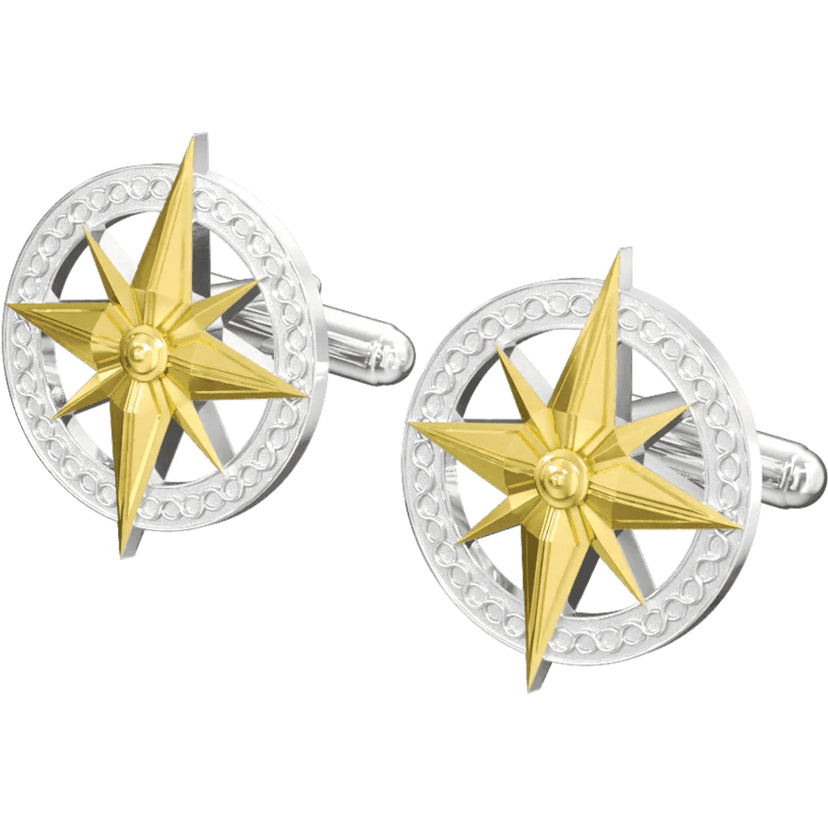 Gold and silver compass-themed 3D cufflinks, featuring a star design within a circular frame.