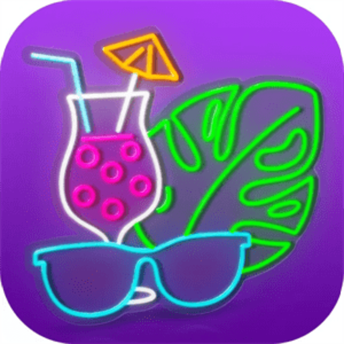 A neon sign design featuring a pink drink with a straw and umbrella, green foliage, and blue sunglasses on a purple background.