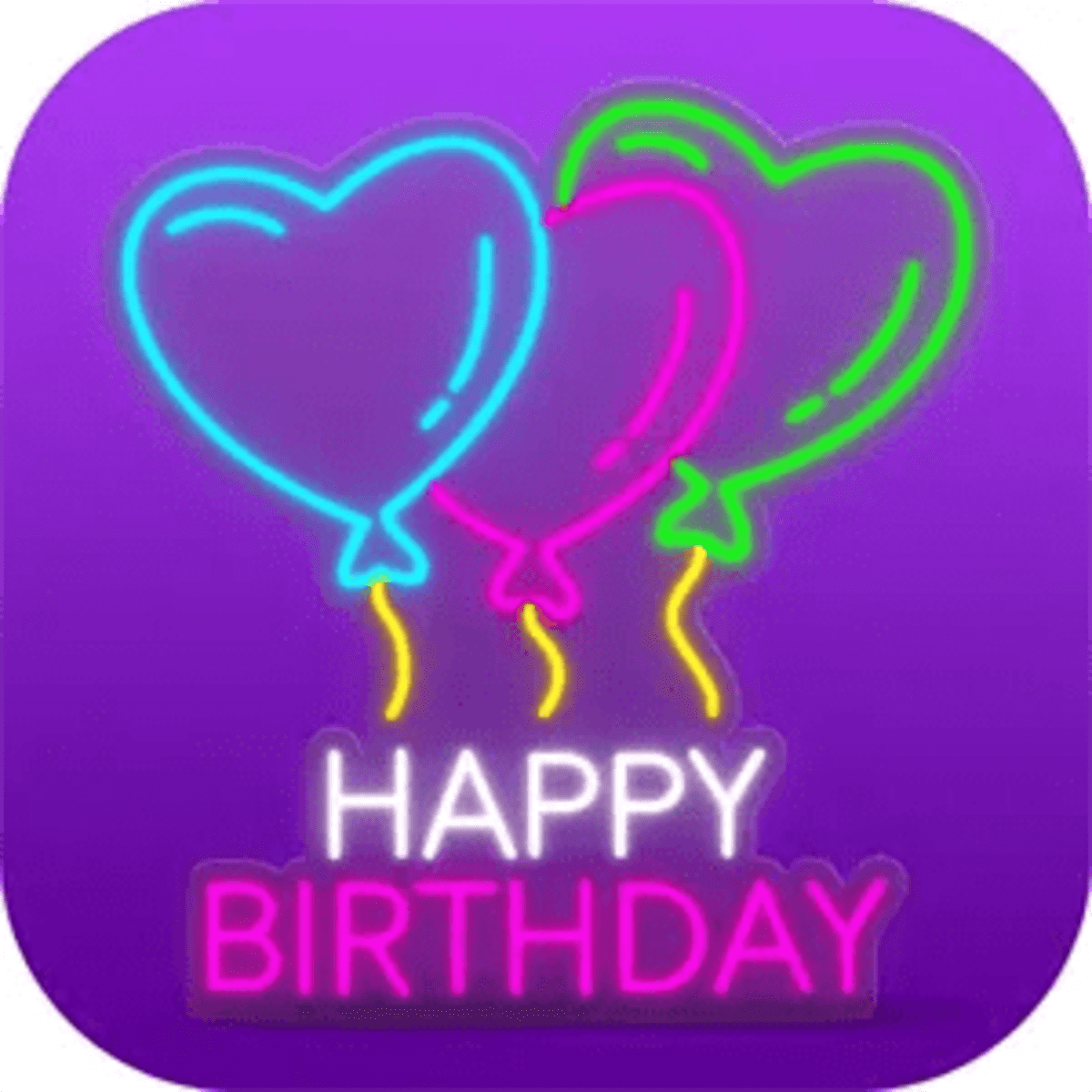 A vibrant image featuring three neon heart-shaped balloons in pink, green, and blue against a purple background with "Happy Birthday" text.