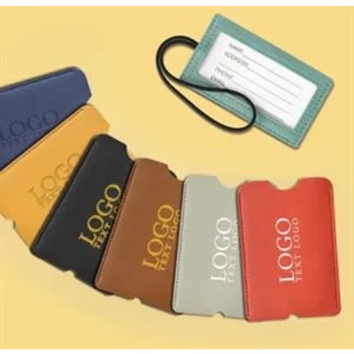 PU leather luggage tags in various colours, featuring a loop strap and a slot for personal information.