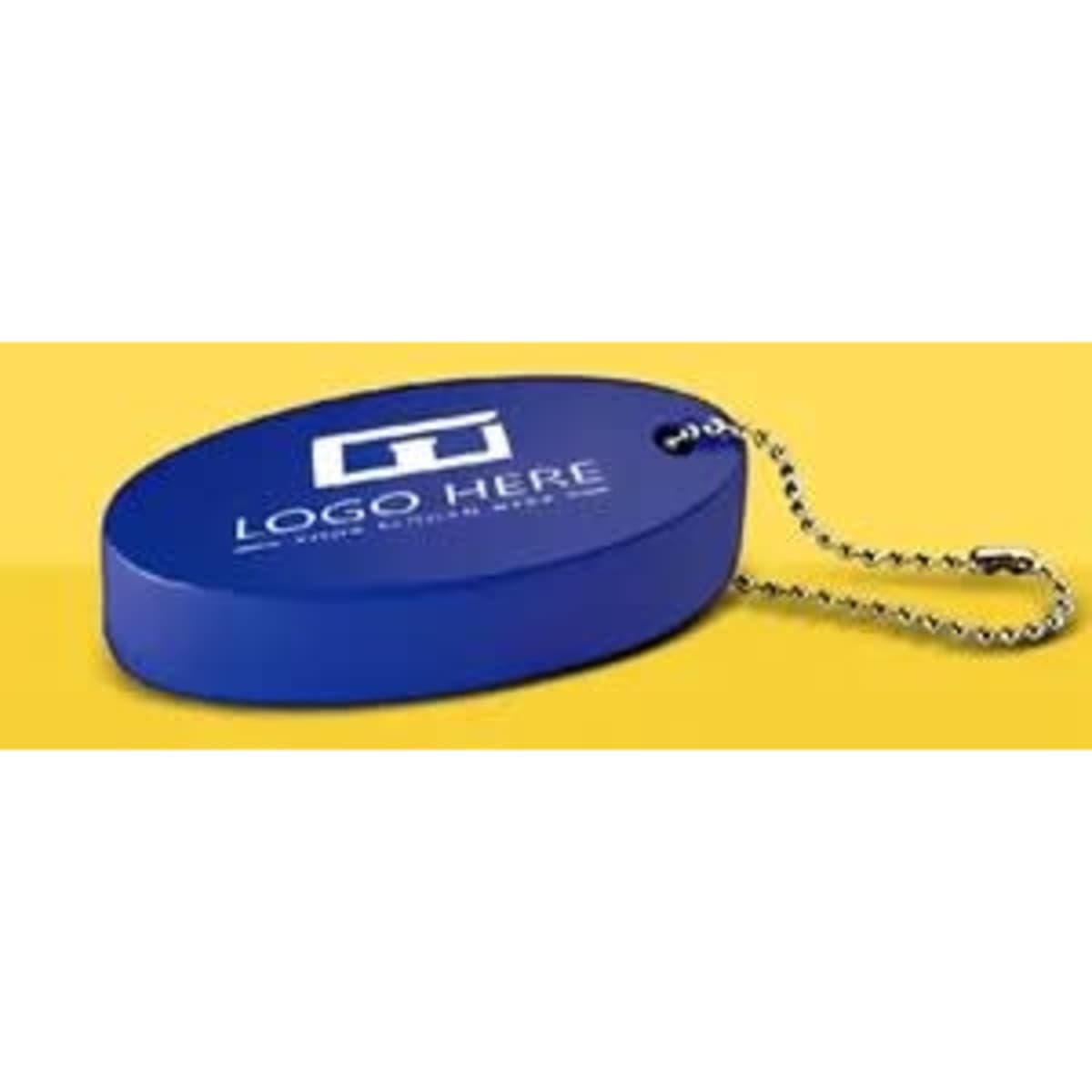 A blue oval keychain with a chain, featuring a logo on its surface.