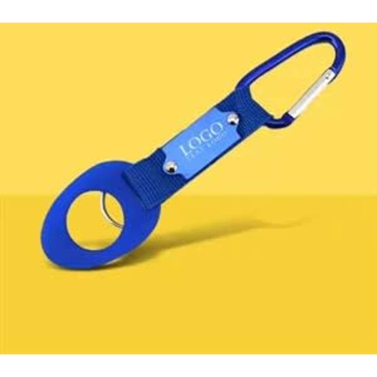 A drink bottle holder in blue with a metal carabiner clip and branding visible on the strap.