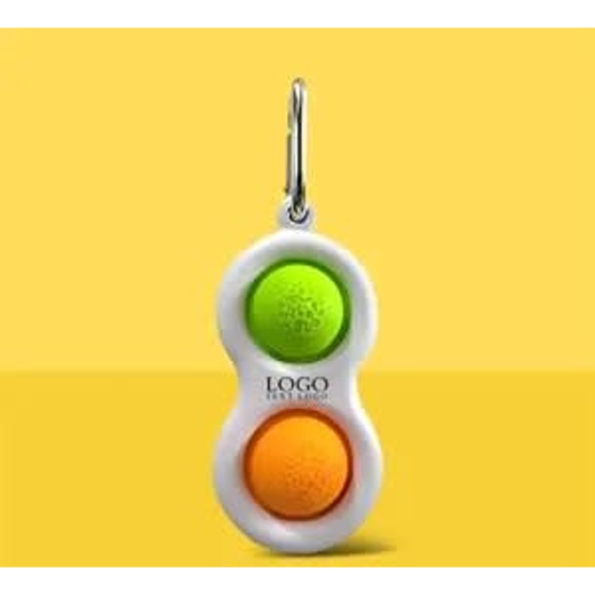 A green and orange Push Pop Bubble Fidget Toy keychain with a white holder and a logo.