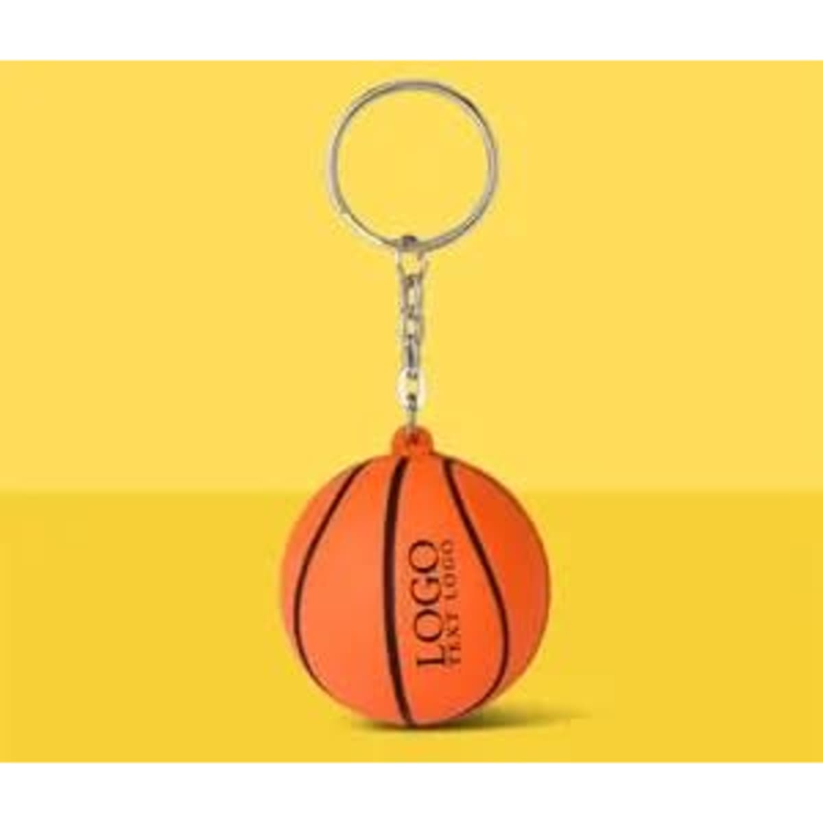 An orange basketball stress reliever keychain features a silver keyring and a logo.