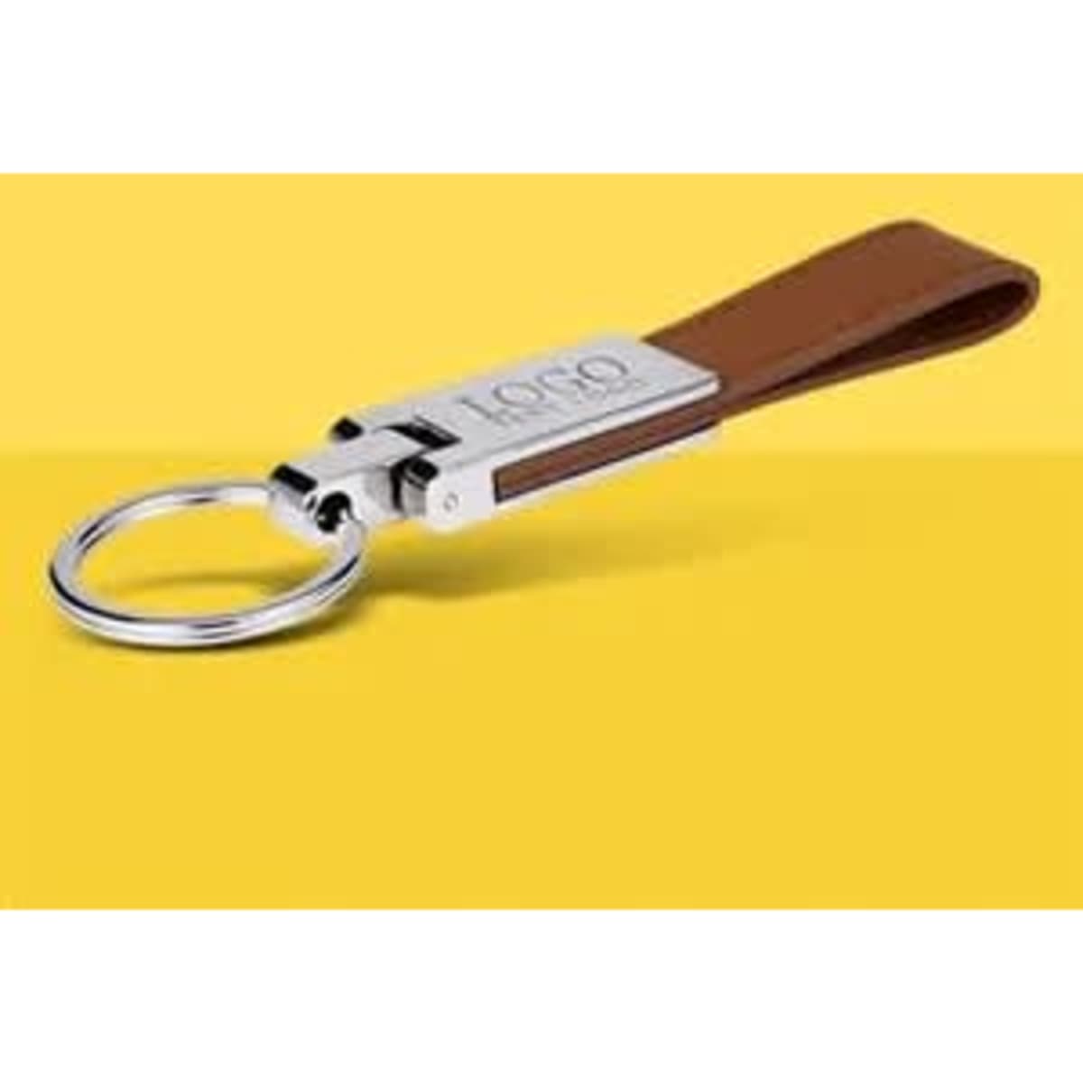 A brown leather and silver keyring keychain with a circular metal ring and a small branding logo.