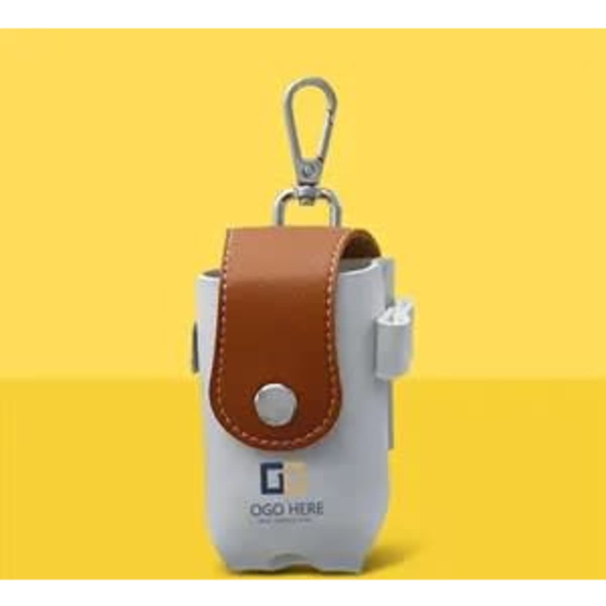 A white PU leather belt bag with a brown strap and a keychain clip, featuring a logo.
