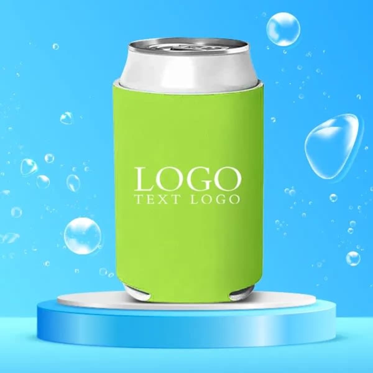 A green neoprene collapsible can cooler with a beverage inside, featuring a logo on the front.