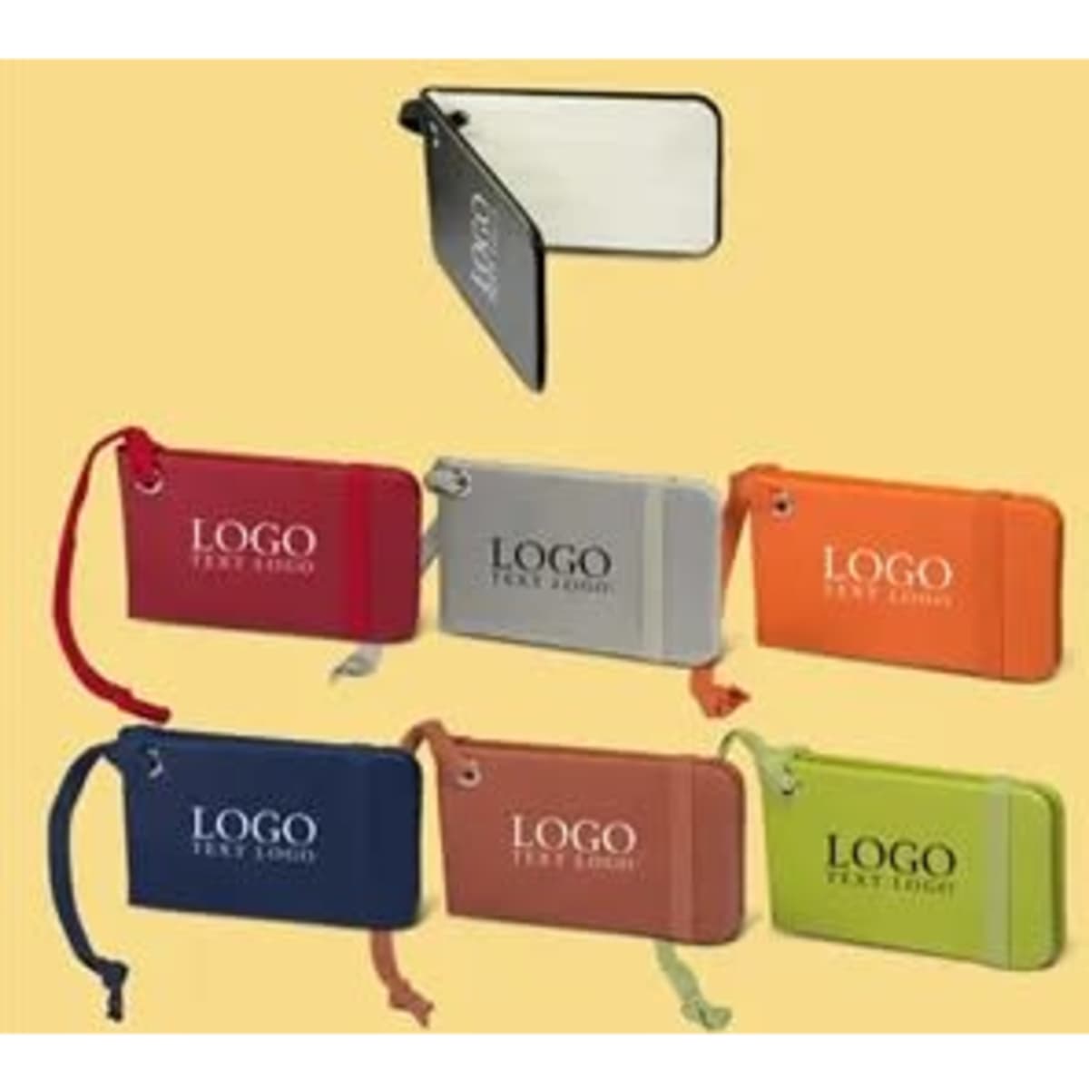 A collection of custom luggage tags in various colours, each featuring a logo and a rectangular shape.
