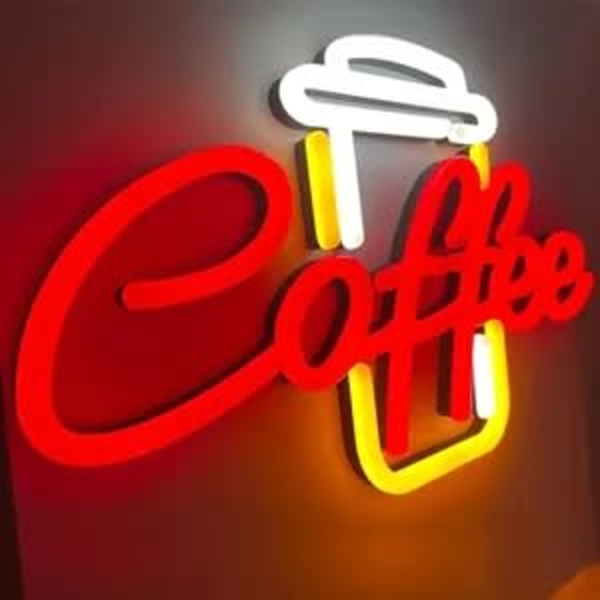 Acrylic neon sign featuring the word "Coffee" in red with a white and yellow cup graphic.
