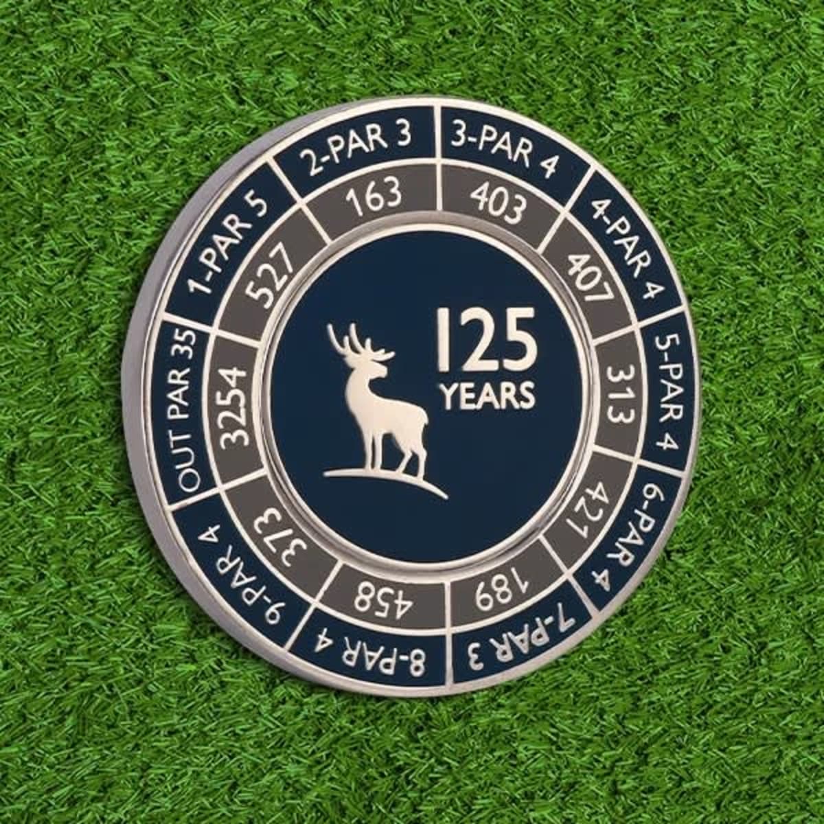 A hard enamel poker chip ball marker featuring a metallic silver edge and a dark blue centre with a logo.