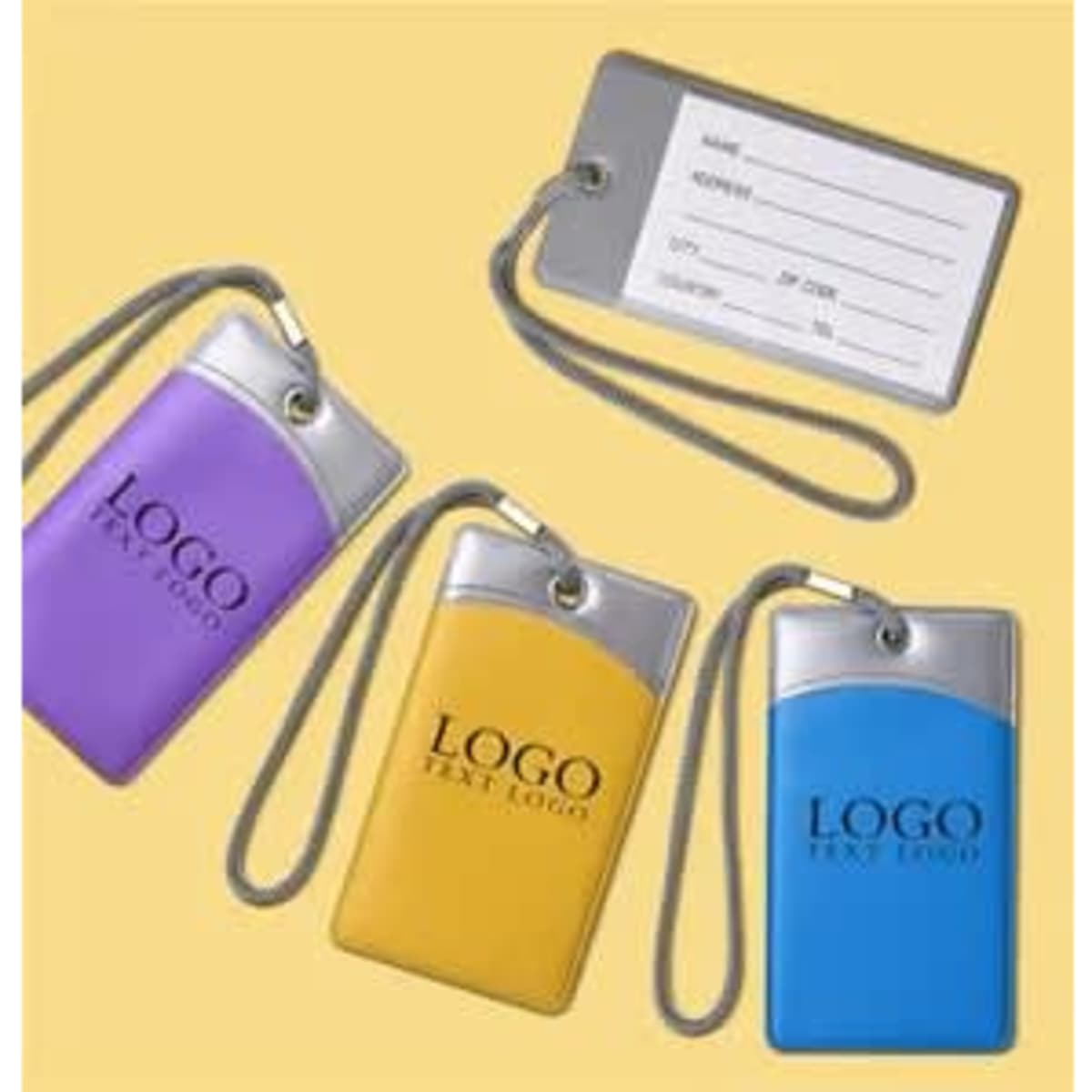 A rectangular luggage tag with a grey top and a coloured body in purple, yellow, and blue, featuring a logo.