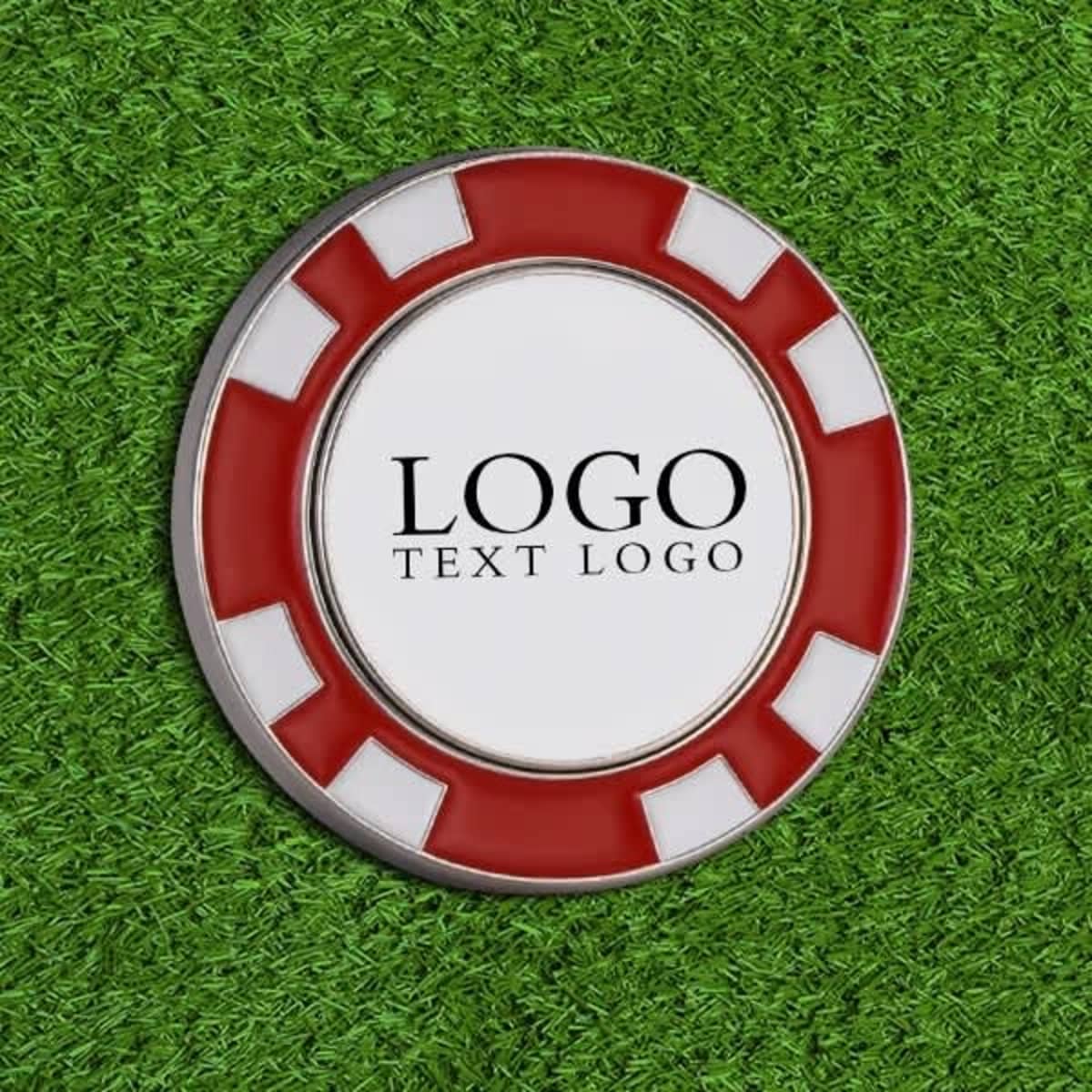 A full-colour custom golf ball marker featuring a round design with red and white accents and a logo in the centre.