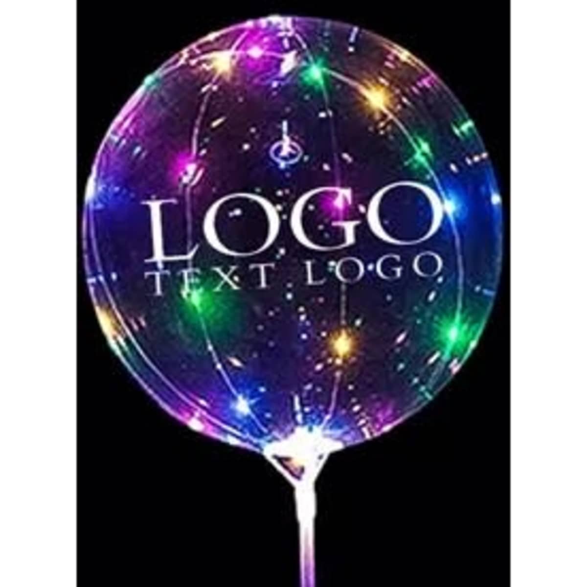 A clear balloon with colourful, glowing lights inside and a logo printed on it.