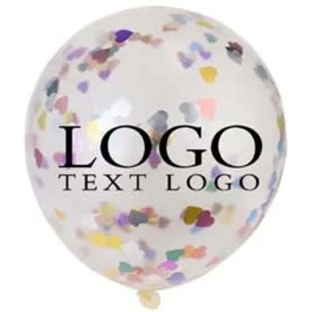 Transparent latex balloon filled with colourful confetti hearts, featuring a logo. Ideal for events and celebrations.