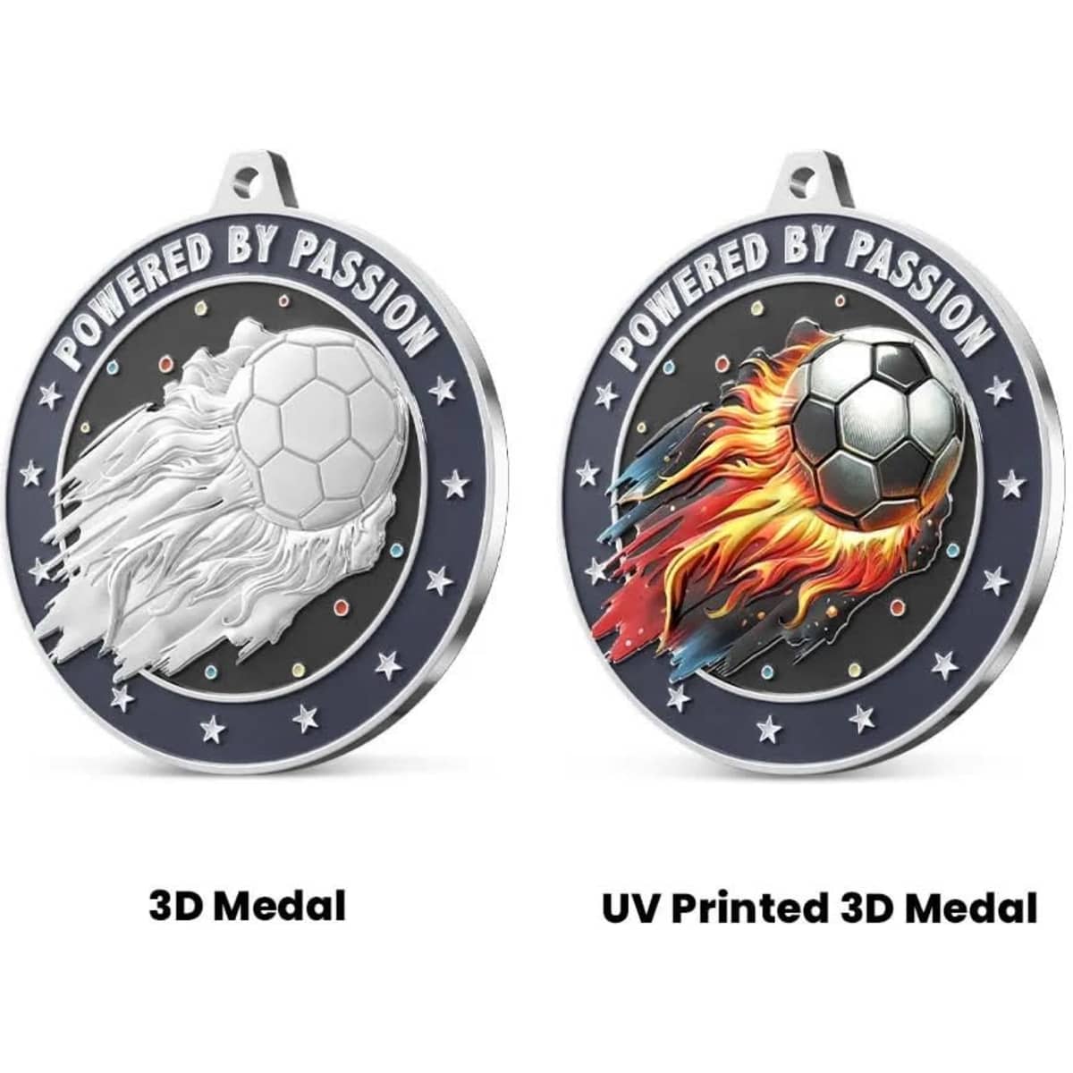 A metallic 3D medal featuring a soccer ball design, with one side in white and the other in vibrant colours.