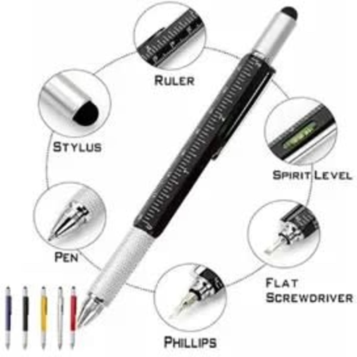 A black multi-tool pen featuring a ruler, stylus, spirit level, pen, flat screwdriver, and Phillips screwdriver.