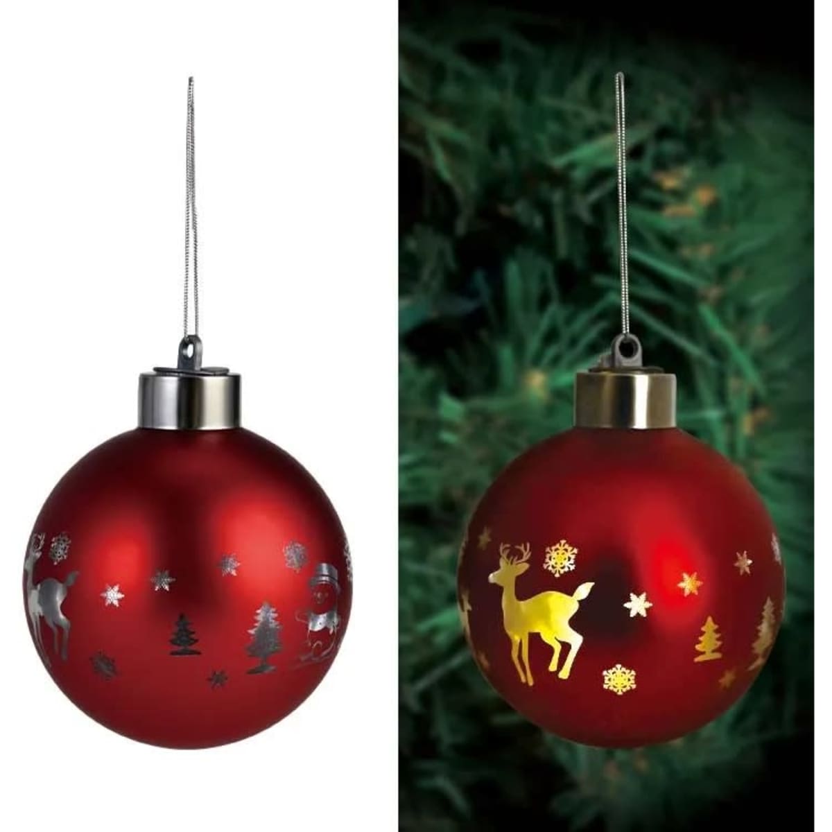 Red blown glass holiday decorative baubles featuring silver and gold designs of reindeer, trees, and snowflakes.