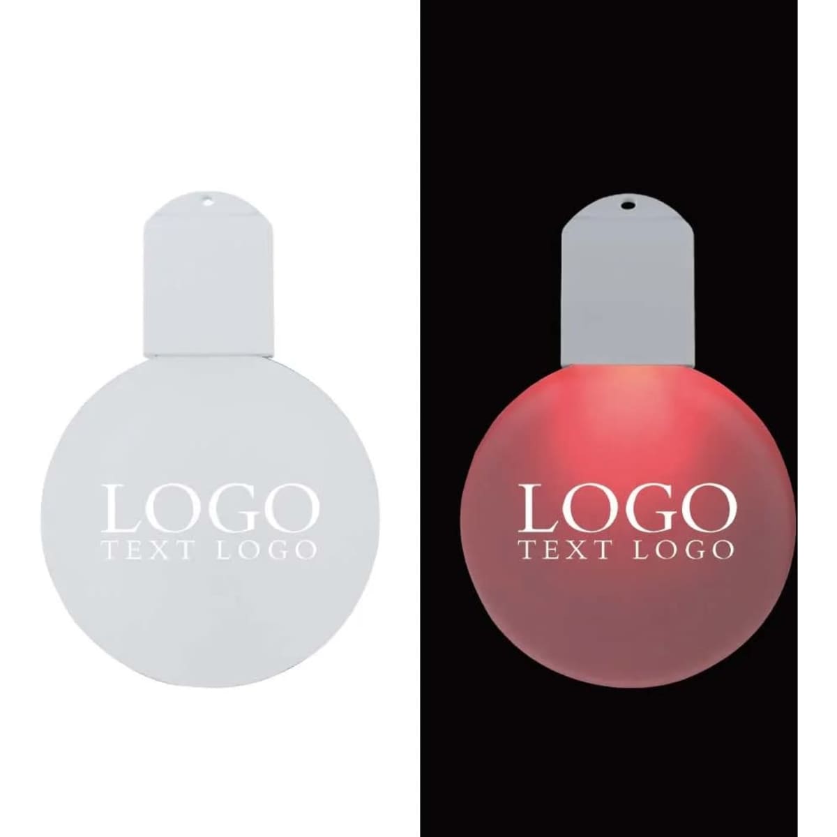 A round acrylic ornament with a white finish, featuring a logo, displayed in both white and illuminated red light.
