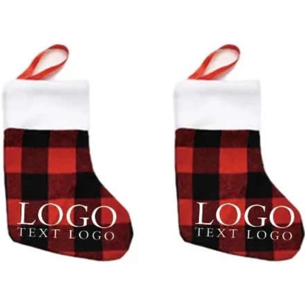 Red and black plaid Christmas stocking ornament with a white trim and a logo displayed on the front.