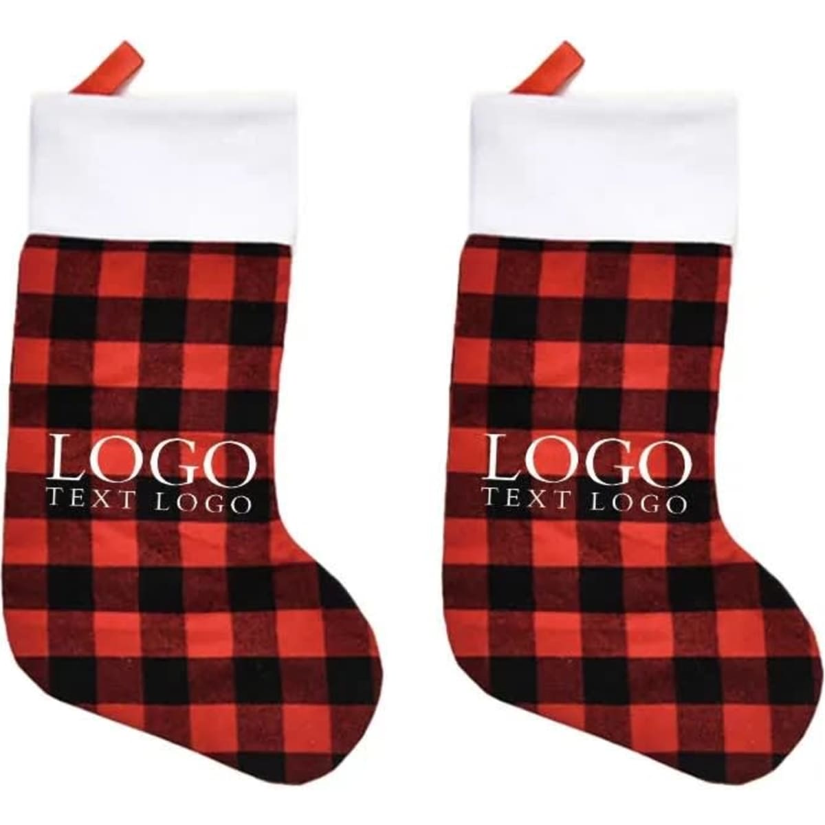 A large plaid Christmas stocking ornament in red and black with a white cuff and a branding logo.