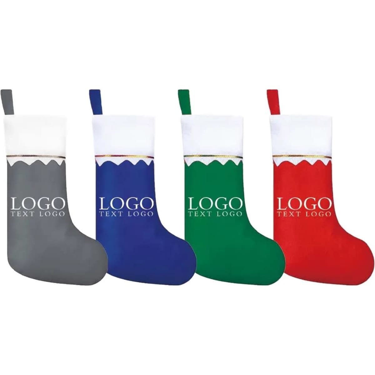 Four felt holiday stockings in grey, blue, green, and red, each with a white cuff and a logo.