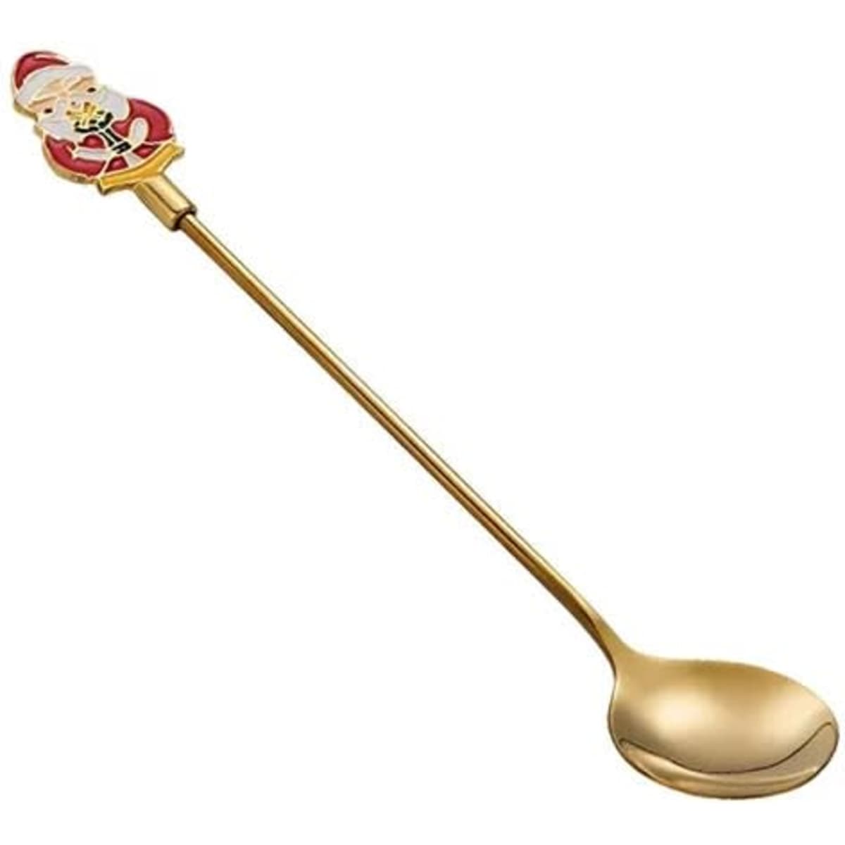 A gold stainless steel spoon with a festive Santa design on the handle. The spoon has a shiny finish and a long handle.
