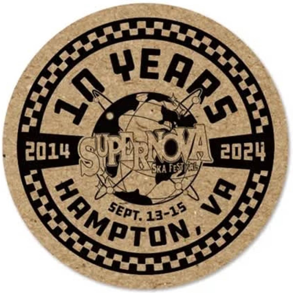 A round kraft paper sticker featuring a globe design, text about a festival, and a checkered border.